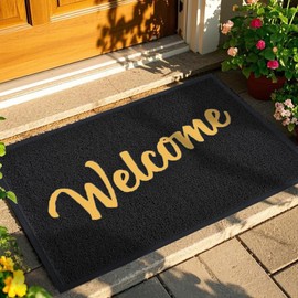 T.HENV Welcome Mat Outdoor Indoor, 36x24 100% Waterproof Front Door Mat Outside Entrance, All-Weather Quick Dry Doormat, Low Profile Patio Proch Entryway Mat, Non Slip, Easy Clean, Black-Gold