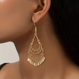 Gold Boho Earrings for Women Dangling Gold Filigree Chandelier Dangle Earrings Bohemian Hollow Round Disc Earing Lightweight Jewelry for Women Trendy Boho