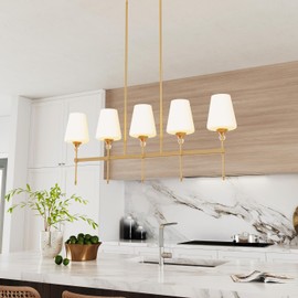 38.58 in 5 Light Kitchen Island Pendant Light, Linear Chandelier with Glass Shades, Vintage Gold Finish, Modern Pendant Hanging Lights for Dining Room Restaurant E26