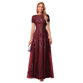 YOFF Long Lace Mother of The Bride Dresses for Wedding Burgundy Sequin Tulle Short Sleeves Crew Neck Evening Formal Gown for Women 10
