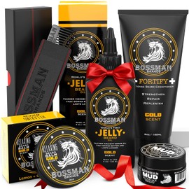 Bossman Kit completo para barba, aceite, acondicionador y bálsamo para barba, peine y cera de bigote, evita la picazón de la barba, crece más grueso (dorado)