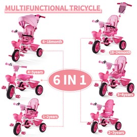 EOOWOY Baby Trike, 6-in-1 Kids Tricycle with Adjustable Push Handle, Removable Canopy, Safety Harness for 18 Months - 5 Year Old(Pink)