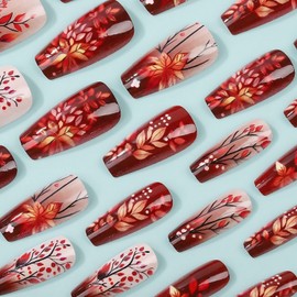 24 Pcs Fall Press on Nails Medium Coffin Maple Fake Nails Red Brown Leaf Fake Nails Designs Glossy False Nails Stick on Nails Full Cover Acrylic Nails for Women Autumn Nail Art Manicure