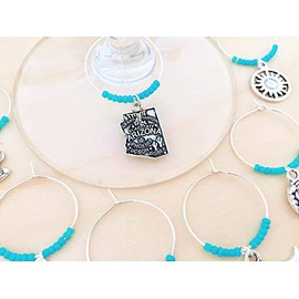 Arizona Wine Charms: Southwestern Inspired Wine Glass Markers. Includes Arizona, Rattlesnake, Bull Skull, feather, cactus, tribal sun, coyote, cowboy boot. Set of 8. TURQUOISE BEADS
