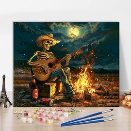 TUMOVO Paint by Numbers for Adults Skeleton Painting by Numbers for Adults Skeleton Playing The Guitar by The Bonfire Adult Paint by Number Kit Unique Gift for Adults, 16"x20"(Frameless)