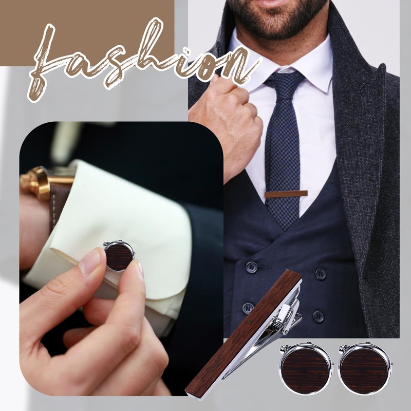 Avaner Men's Tie Clip Cufflinks: 3 Pcs Wooden Metal Tie