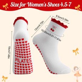 Zuimei 2 Pairs Women Cute Pilates Grip Socks Crew Yoga Non Slip Crew Sock Ruffle Cuff Embroidery Pattern Workout Ballet Sock for Women Girls Gifts, Black + Red