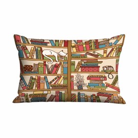 Mugod Pillow Cover Cartoon Sleeping Cats with Bookshelf Books,Cushion Throw Pillow Covers Decorative Outdoor Couch Sofa 20x30 Inches