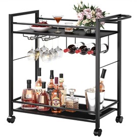 Joaxswe Bar Cart,Home Bar Serving Cart with Storage Shelves, 2 Tier Rolling Beverage Cart with Wheels, Modern Wine Cart with Wine Rack and Glass Holder for Kitchen, Living Room,Dinning Room,Black