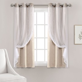 Lush Decor Star Sheer Insulated Grommet Blackout Window Curtain Panel Pair, 63" L x 38" W, Neutral
