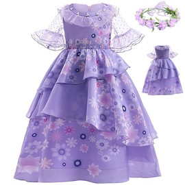 Vestido Isabella, Mirabel Princesa Faldas, Niñas Cosplay Vestido Niñas Disfraz de Isabella Dolores Luisa Pepa Princesa Cosplay Costume Vestir y Accesorios, Corona de Tocado de Hadas(130cm)