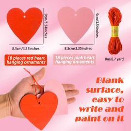 36 Pieces Valentine's Day Wood Heart Cutouts Blank Heart Shaped Unfinished Wooden Ornaments Red Pink Wood Hearts Cutouts with Hole Strings for Wedding DIY Art Craft Party Decoration,3.3 x 3.5 inch