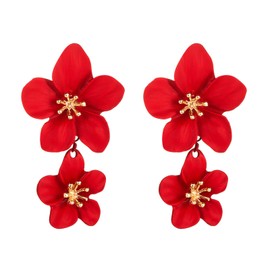 Flower Earrings for Women Dangle Drop Earrings Gold Boho Statement Earring Daisy Earrings Double Layer Flower Earrings for Wedding Party(A1:Red Flower Earrings)