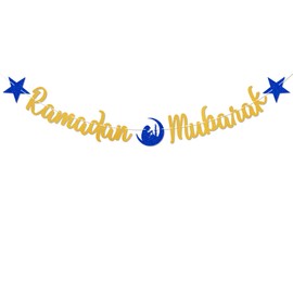 Ramadan Mubarak Banner - Eid Mubarak, Eid Festival Party Decor, Ramadan Party Decor, Star Moon Muslim Islamic Ramadan Kareem Festival Celebration Party Decorations Gold Glitter