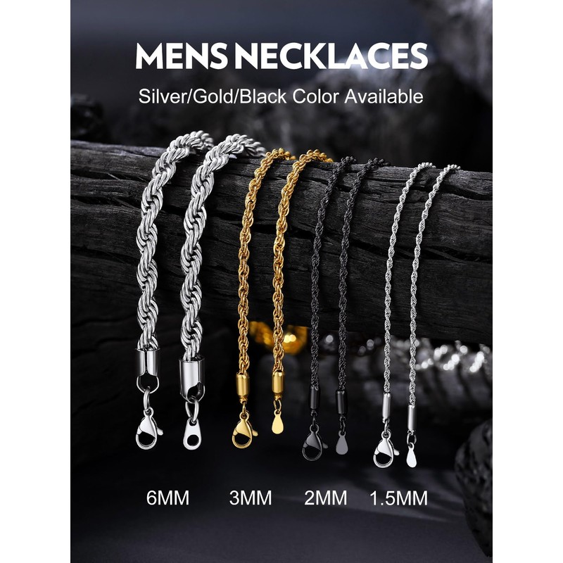 Mens 6MM Rope Chain Necklace 22 Inch Solid Stainless Steel