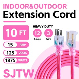 Ultra Explorer Indoor Outdoor Extension Cord Waterproof 10 FT, 12 Gauge Heavy Duty Pink Extension Cord SJTW, Flexible Cold-Resistant 3 Prong Grounded Power Cord for Lawn, Garden, Appliance, UL Listed