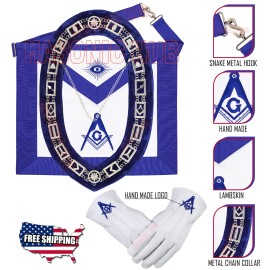 MASONIC BLUE LODGE MASTER MASON 100% LAMBSKIN APRON & WORKING TOOLS CHAIN COLLAR