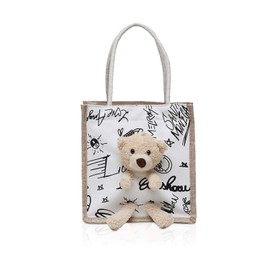 NICOLE & DORIS Plush Satchel Bag Canvas Tote bag Cute Handbag with Bear Doll Reusable Grocery Bag Girl Shoulder Bag Daily Top Handle Bag Student Shopping Bag White