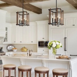 NZZDYI 4 Light Farmhouse Chandelier 13" Vintage Rustic Faux Wood Chandelier Adjustable Modern Cage Pendant Light Fixture for Dining Room Kitchen Island Foyer Entryway Bedroom