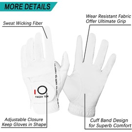 FINGER TEN Men’s Golf Gloves Worn on Right Hand for Left Handed Golfer Value 3 Pack, Rain Grip Hot Wet Weather Comfort Fit ML Rh White Color (White, M-Large, Right)