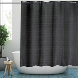YISURE Black No Hook Shower Curtain 200cm Drop, Extra Long Shower Curtain, Black Textured Shower Curtain No Hooks 180x200cm