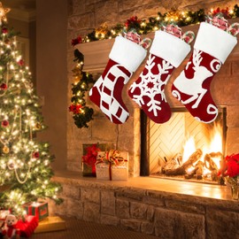 Weldomcor Christmas Stocking Set of 3, 50 cm Christmas Stockings Fireplace Embroidered Elk Snowflake Hanging Socks Gift Bag Rustic Stocking for Family Holiday Christmas Party Decorations