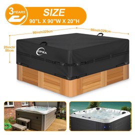 Kipiea 600D Outdoor Waterproof Square Hot Tub Cover Protector, Heavy Duty Polyester SPA Cover UV Protection Cover 90" L x 90" W x 20" H, Black