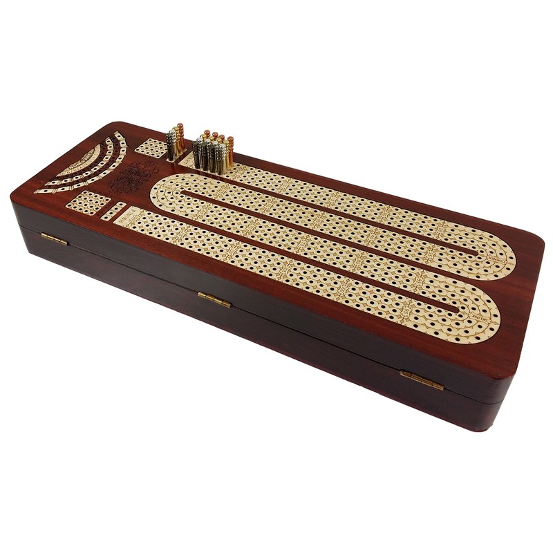 14" 4 Track Continuous Cribbage Board W/ Card Storage Maple