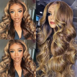 Highlight Ombre Lace Front Wig Human Hair Pre Plucked 13x4 HD Transparent 4/27 Colored Honey Blonde Lace Frontal Wigs for Women with Baby Hair 180 Destiny Body Wave Lace Front Wig 20 Inch