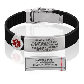 Divoti Custom Dual-Sided Engraved Silicone Medical Alert ID Wristband w/Security Clasp & Trim-to-Fit True Black Silicone Band w/Security Clasp - 14MM Brushed Stainless/Red