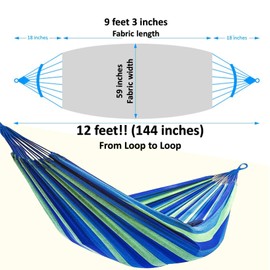 CJ Ultra Double Brazilian Hammock - XL Wide Two Person Soft Woven Cotton Fabric - Long Hamaca Swing Bed for Backyard Patio or Porch - Outdoor or Indoor - Includes 2 Hanging Tree Ropes (Blue Striped)