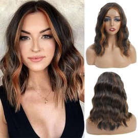 Mychanson Short Brown Wig Synthetic Shoulder Length Ombre Brown Bob Wigs For Women Middle Part Wavy Curly Wig Daily Use (14Inch,Dark Brown Mix Brown)