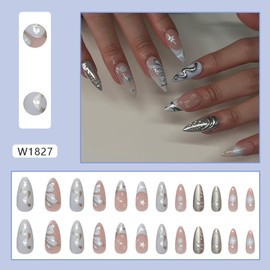 EYZOTSF Press on Nails Almond Medium Length Acrylic French Almond Shaped False Nails with Designs Artificial Medium Fake Nails with Charms Glue Stick ons Fingernails for Women Girls(W1827)