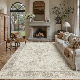PureCozy 8x10 Washable Neutral Area Rug Living Room Beige Vintage Carpet