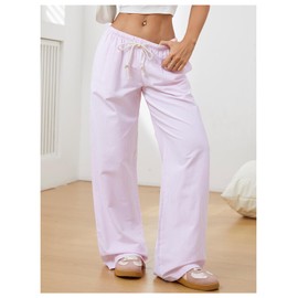 SOLY HUX Women's Drawstring Straight Leg Baggy Pants Casual Lounge Pants Trousers with Pocket Solid Pink Medium