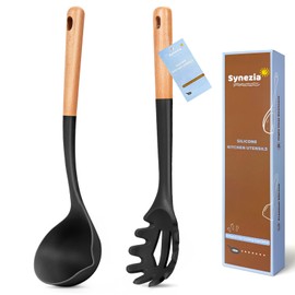 Silicone Soup Ladle with Spaghetti Spoon, Large Ladle Spoons Set, Nonstick Pasta Server Cooking Spoon, Heat Resistant Pasta Fork, Kitchen Cooking Utensils for Serving Soup, Noodle, Sauce (BLACK)