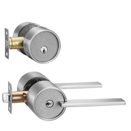 Berlin Modisch Zero Gravity Urban Series Entry Lever Door Handle Set and Single Cylinder Deadbolt Locking Lever HandleSet [Front Door or Office] Reversible Heavy Duty – Satin Nickel Finish