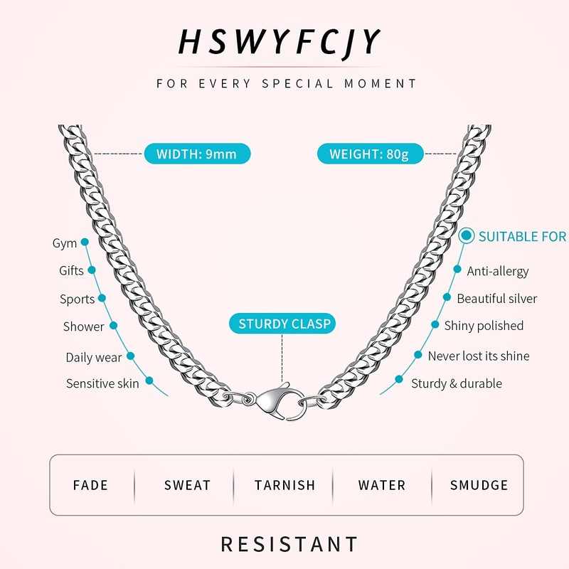 HSWYFCJY Men Chains Necklace 6MM Cuban Chain Mens Silver Curb