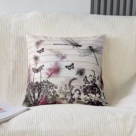 Feelyou Dragonfly Throw Pillow Covers 20"x20" Set of 2 Soft Gifts for Women Decorative Throw Pillowcases for Kids Teens Animal Pillow Cases Cushion Covers Wood Grain Beige Black Cushion Cases