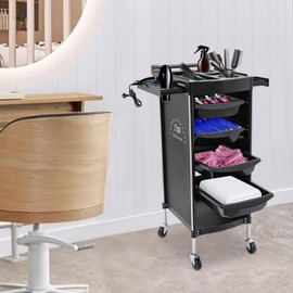 CNCEST 6-Tier Salon Trolley,Hairdressing Shelf with Handle and Lockable Rolling Wheels,4 Drawers and 2 Hair Dryer Holder Side Tray (Black)