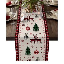 Christmas Table Runner Cotton Linen Dresser Scarves 70In Long, Farm Xmas Tree Reindeer Table Runners for Kitchen Coffee/Dining Table Holiday Event Party Dinner Snowflake on Red Black Buffalo Plaid