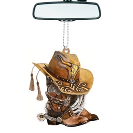 Cowboy Cowgirl Boot Bison Skull Car Decor, Cute Rear View Mirror Hanging Accessory Cowboy Hat Boots Ornament Interior Rearview Pendant Decor Christmas Decoration Gift