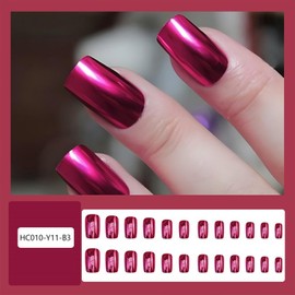 Dark Purple Chrome Press on Nails Medium Square Fake Nails Dark Purple Mirror Metal False Nails Acrylic Glue on Nails Glossy Full Cover Stick on Nails Shine Artificial Nails for Women 24Pcs