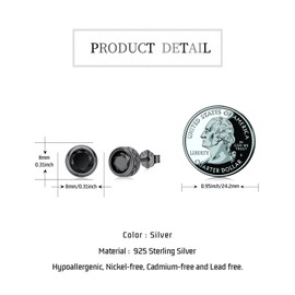 Black Earrings for Men 925 Sterling Silver Hypoallergenic Punk Gothic Stud Earrings Black Jewellery Gifts for Women, Sterling Silver, Cubic Zirconia