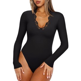 REORIA Women's Lace V Neck Long Sleeve Bodysuits Trendy Going Out Body Suit Tops Fall Outfits 2025 Black Medium