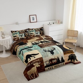 Hunting Woodland Animal Comforter Set Twin Rustic Fox Bear Deer Moose Bedding Set,Lake House Fishing Comforter for Farmhouse Cabin Lodge,Countryside Wildlife Quilt Duvet Brown Teal 1 Pillow Case