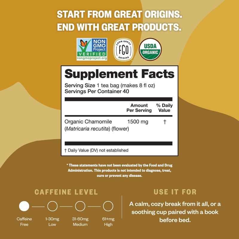 FGO Organic Chamomile Tea, 40 Count, Eco-Conscious Tea Bags, Resealable