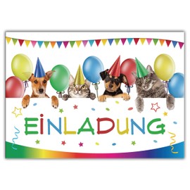 6 Invitation Cards for Children's Birthday Parties Including 6 Envelopes for Girls and Boys "Cats and Dogs" / Fun and Colourful Birthday Invitations