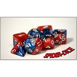 Spider Dice Halfsies Dice - 7 die polyhedral dice Set - Spider Red & Heroic Blue - Rare White Numbering