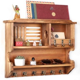 Maranon Key Holder, Key Holder for Wall, Key and Mail Holder for Wall, Mail Organizer Wall Mounted for Home Decor, Mail and Key Holder with Key Hooks, Pine Wood Light Brown